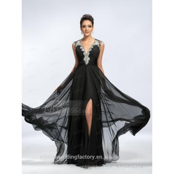 Alibaba elegante Applique lange neue Designer V-Ausschnitt schwarz Chiffon Strand Abendkleider oder Brautjungfer Kleid LE16